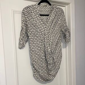 White Tunic Top with Black Dot Print - Relaxed Button-Front